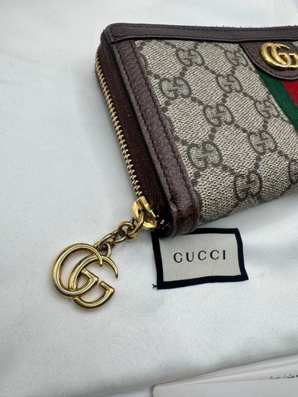 Authentic Gucci Ophelia Wallet Zip Around Web Stripe W Box and Dust Bag